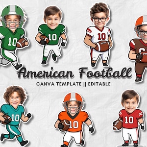 May include: A collection of cartoon illustrations of children in American football uniforms, each holding a football. The uniforms are in various colors, including green, white, red, and brown, with the number 10 on the jerseys. The text "American Football" is displayed.