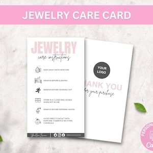 Plantilla de tarjeta de cuidado de joyas, instrucciones de cuidado de joyas imprimibles, insertos de cuidado de joyas editables, tarjetas de cuidado de aretes, cuidado de pulseras Canva