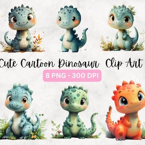 8 PNG Cartoon Dinosaur Clipart, Baby Dinosaur, Printable Watercolor clipart, High Quality PNGs, Digital download, Paper craft, junk journal