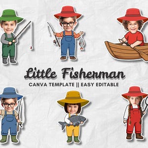 May include: A collection of cartoon illustrations of children dressed as fishermen, each wearing a hat and overalls, holding fishing rods, fish, or a net. The text "Little Fisherman" is displayed below the illustrations.