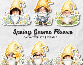 Spring Gnome Flower | Add Your Own Face Photo Template | Cute Spring Garden Gnome | Editable Canva PNG