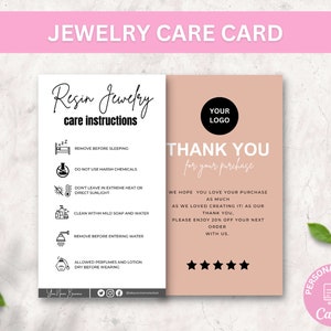 Plantillas de tarjetas para el cuidado de joyas de resina, instrucciones de cuidado de resina en miniatura para imprimir, insertos editables para el cuidado de joyas, tarjetas para paquetes de joyas