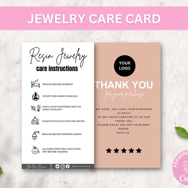 Resin Jewelry Care Card Templates, Mini Printable Resin Care Instructions, Editable Jewellery Care Inserts, Jewelry Parcel Cards