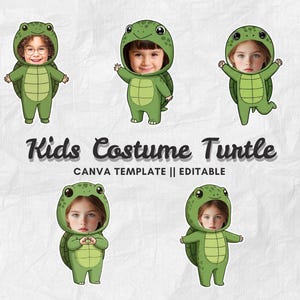 May include: A digital illustration featuring five children's turtle costumes. Each costume is green with a turtle shell design on the back. The text "Kids Costume Turtle" is displayed in a stylized font, with "CANVA TEMPLATE || EDITABLE" below.