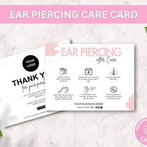 Bewerkbare oorpiercing-nazorgkaart Canva-sjabloon, afdrukbare piercinggidskaart, oorbelpiercing-verzorgingskaart Bestel verpakkingsinzetstuk