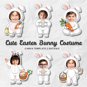 May include: Six sticker-style images of children in white Easter bunny costumes. Each child's face is visible within the bunny head. Some hold carrots, eggs, or baskets. The text "Cute Easter Bunny Costume" is displayed.