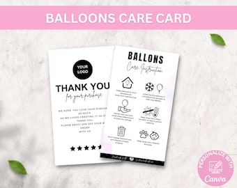 Editable Balloon Care Card Template in 4 Variations, Printable Boho Design Air & Helium Balloons Safety Instructions Guide Cards