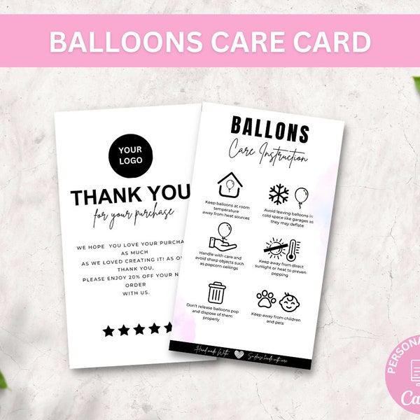 Editable Balloon Care Card Template in 4 Variations, Printable Boho Design Air & Helium Balloons Safety Instructions Guide Cards