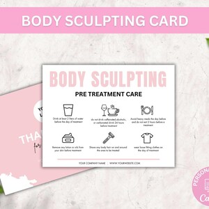 Plantilla de tarjeta de cuidados previos y posteriores al modelado corporal, tarjetas editables de cuidados posteriores al modelado corporal, instrucciones imprimibles para el cuidado del modelado corporal