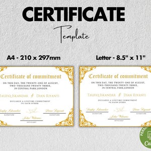 Peut inclure: Deux mod&egrave;les de certificats imprimables pour une c&eacute;r&eacute;monie d'engagement. Les mod&egrave;les sont dans un sch&eacute;ma de couleurs or et blanc avec une bordure d&eacute;corative. Le texte sur le certificat indique "Certificat d'engagement". Les mod&egrave;les sont disponibles en deux tailles&nbsp;: A4 (210 x 297 mm) et Lettre (8,5 x 11 pouces).
