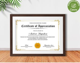 Certificate Of Appreciation Template, Editable Appreciation Certificate, Printable Appreciation Gift Certificate Canva Template