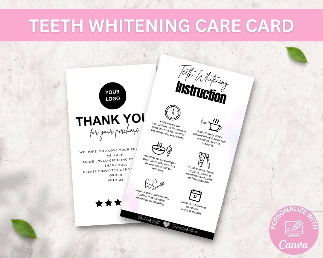 Editable and Printable Teeth Whitening Aftercare Card Template, Teeth Whitening Post Care Guide