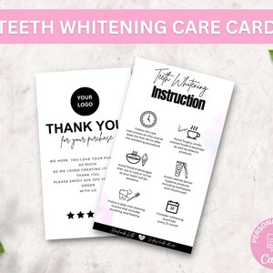 Modèle de carte modifiable et imprimable de suivi de blanchiment des dents, guide de soins postérieurs au blanchiment des dents, carte de suivi dentaire, carte d'instructions