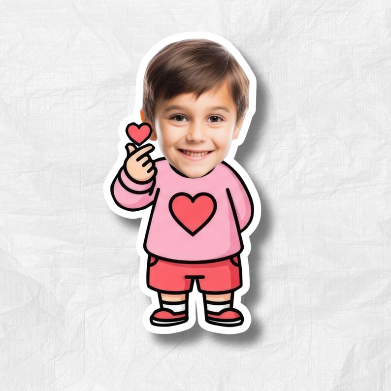 May include: A sticker featuring a cartoon illustration of a child wearing a pink sweater with a red heart and red shorts. The child is holding up a heart symbol with their fingers. The background is white.