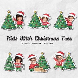 Puede incluir: Un conjunto de diseños de pegatinas que muestran a niños con sus caras superpuestas en figuras de dibujos animados. Cada niño lleva un jersey rojo y un gorro de Papá Noel, interactuando con un árbol de Navidad decorado. Se muestra el texto "Kids With Christmas Tree".