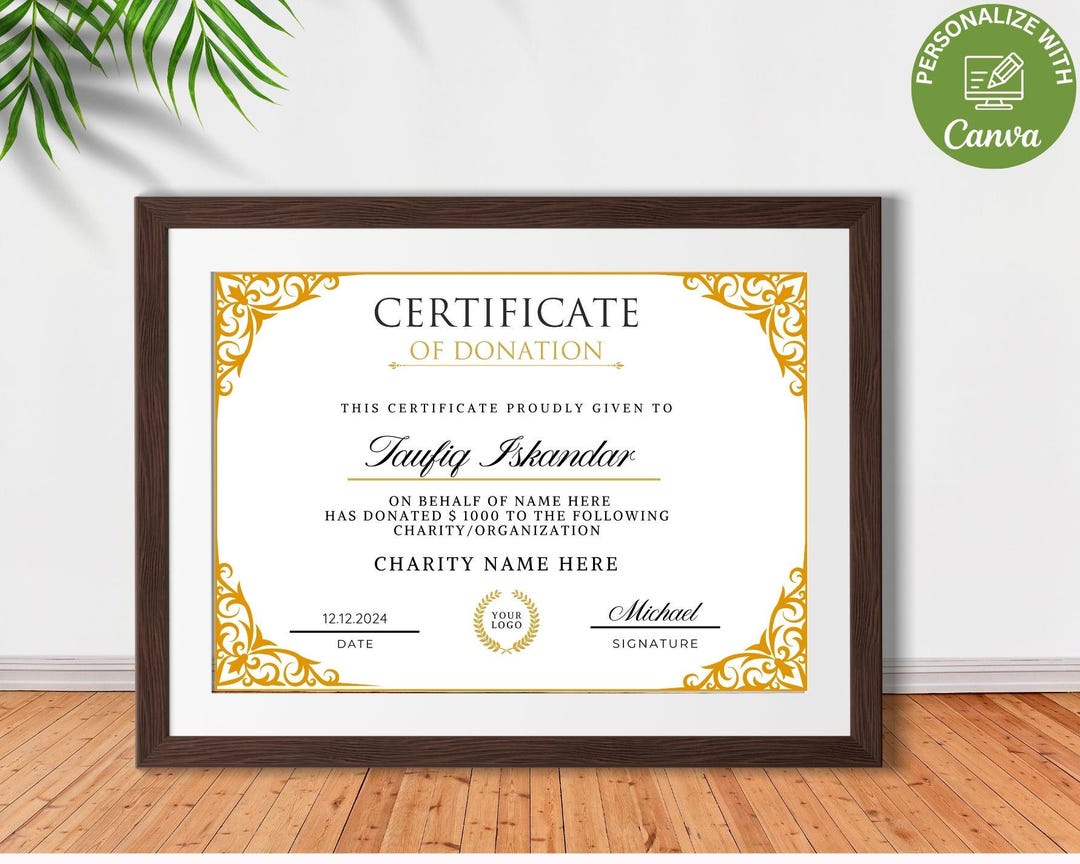 Certificate of Donation Template, Editable Donation Certificate, Printable Charity Donation Gift Certificate, Canva Template. - Etsy certificate-of-donation-template-editable-donation-certificate-printable-charity-donation-gift-certificate-canva-template-etsy