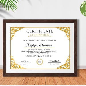 Plantilla de certificado de donación, certificado de donación editable, certificado de regalo de donación benéfica imprimible, plantilla de Canva.