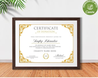 May include: A certificate of donation with a gold ornate border. The certificate is for Taufiq Iskandar, who donated $1000 to the charity/organization, CHARITY NAME HERE. The date is 12.12.2024 and the signature is Michael.