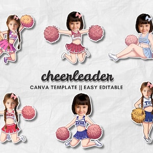 Puede incluir: Una ilustración digital con seis diseños de animadoras. Cada diseño muestra a una niña en uniforme de animadora, sosteniendo pompones. Los uniformes son de varios colores, incluyendo rosa, azul y rojo. También está presente el texto "cheerleader" y "CANVA TEMPLATE || EASY EDITABLE".