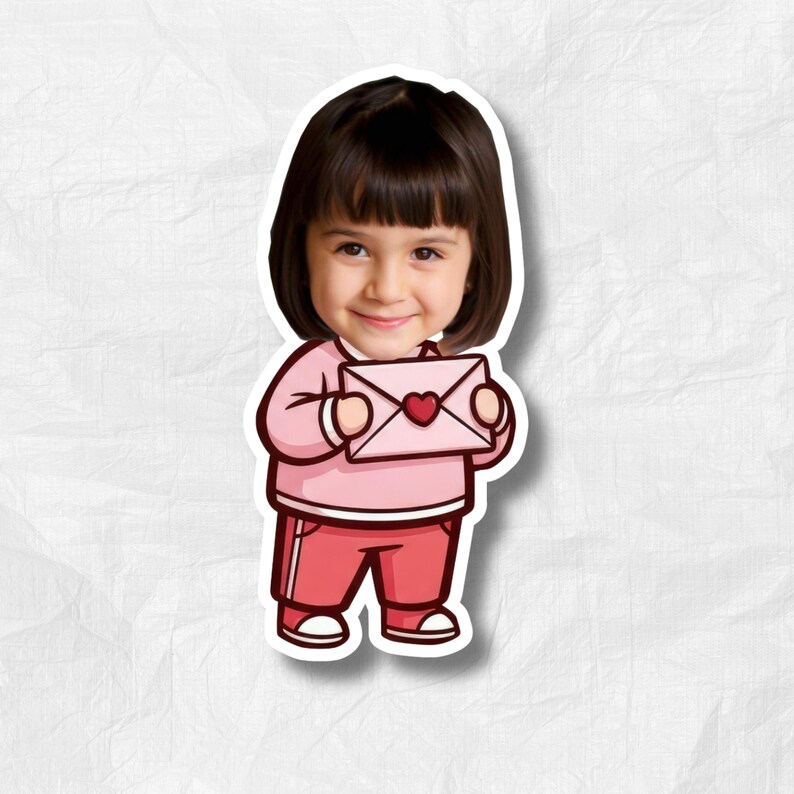 May include: A sticker featuring a cartoon illustration of a young child holding a pink envelope with a heart. The child is wearing a pink long-sleeved shirt and red pants with white stripes. The sticker has a white border.