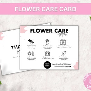 Plantilla de tarjeta de cuidado de flores editable, guía de cuidado de ramos, tarjetas de cuidado de floristería imprimibles, instrucciones de cuidado de flores recién cortadas con diseño boho