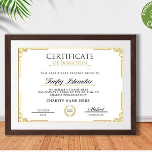 Plantilla de certificado de donación, certificado de donación editable, certificado de regalo de donación benéfica imprimible, plantilla de Canva.