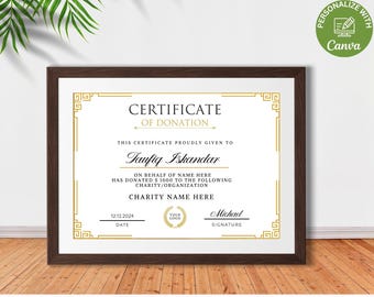 May include: A certificate of donation with a gold border and a brown frame. The certificate is for Taufiq Iskandar, who donated $1000 to the charity/organization, CHARITY NAME HERE. The date is 12.12.2024 and the signature is Michael.