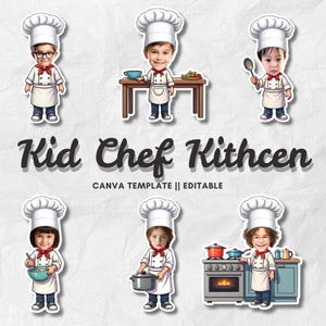 Może przedstawiać: Ilustracje kreskówkowe dzieci przebranych za szefów kuchni, w białych czapkach kucharskich, fartuchach i czerwonych chustach. Tekst "Kid Chef Kitchen" jest wyświetlany zabawną czcionką, ze słowami "CANVA TEMPLATE || EDITABLE" poniżej.