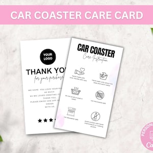 mini Car Coaster Care Card Template, Editable Car Tumbler Holder Care Instructions Cards, Printable Sublimation Coasters Care Guide Template