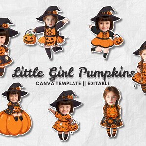Peut inclure: Plusieurs illustrations numériques sur le thème d'Halloween, représentant de jeunes filles déguisées en citrouilles et en sorcières. Chaque fille porte un chapeau de sorcière noir avec un détail de citrouille orange et une robe orange et noire. Le texte "Little Girl Pumpkins" est affiché.