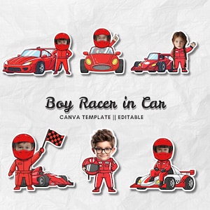 Könnte beinhalten: Eine Sammlung von Aufkleber-Grafiken mit Kindern in roten Rennanzügen und Helmen, zusammen mit verschiedenen roten Rennwagen. Der Text "Boy Racer in Car" und "CANVA TEMPLATE || EDITABLE" ist ebenfalls vorhanden.