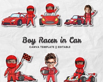 Boy Racer | Add Your Own Face Photo Template | Editable Canva PNG | Race Car Driver Clipart