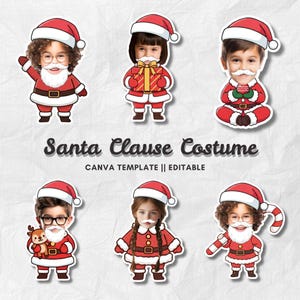 Könnte beinhalten: Eine Sammlung von sechs Santa Claus Kostümaufklebern mit Kindergesichtern. Jeder Aufkleber zeigt ein Kind in einem rot-weißen Santa-Anzug, Hut und weißem Bart. Der Text "Santa Clause Costume" und "CANVA TEMPLATE || EDITABLE" ist ebenfalls sichtbar.