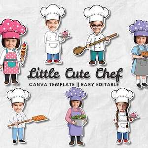 Könnte beinhalten: Eine Sammlung von Cartoon-Illustrationen von Kindern in Kochmützen und Schürzen. Der Text "Little Cute Chef" ist zu sehen, zusammen mit "CANVA TEMPLATE || EASY EDITABLE". Jeder Koch hält verschiedene Lebensmittel, wie Kuchen, Brot und einen Spieß.