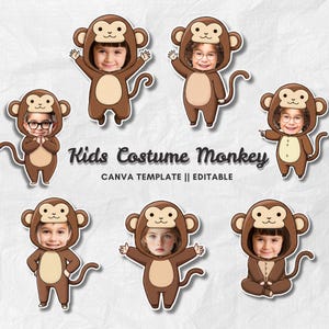 May include: A collection of seven cartoon monkey costumes for kids, each featuring a child's face. The costumes are brown with tan bellies and monkey faces on the hoods. The text "Kids Costume Monkey" is displayed below the costumes.