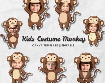Op de afbeelding: Een verzameling van zeven cartoon aap kostuums voor kinderen, elk met het gezicht van een kind. De kostuums zijn bruin met bruine buiken en apengezichten op de capuchons. De tekst "Kids Costume Monkey" wordt hieronder weergegeven.