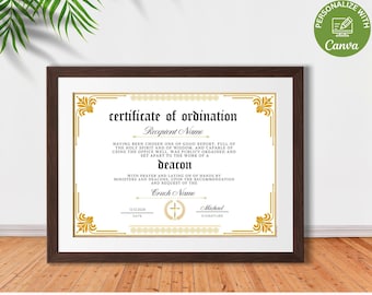 Deacon Ordination Certificate Template, Printable Certificate of Ordination, Editable Ministry Certificate, Ordained Minister