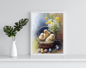 Easter Chicks Printable Wall Decor, Easter Wall Art Printable, Easter Chicks Basket Art, Easter Eggs, Easter Digital Art, Digital Download