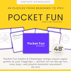 May include: A digital download graphic with the text "POCKET FUN" and "ONE-LINE PUZZLES". The image shows several white cards with line puzzles and a purple card with the text "Pocket Fun". The image also includes the text "48 PUZZLES".