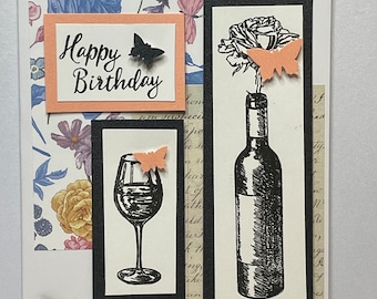 Butterflies, Wine Bottle and Glass - Birthday Greeting Card