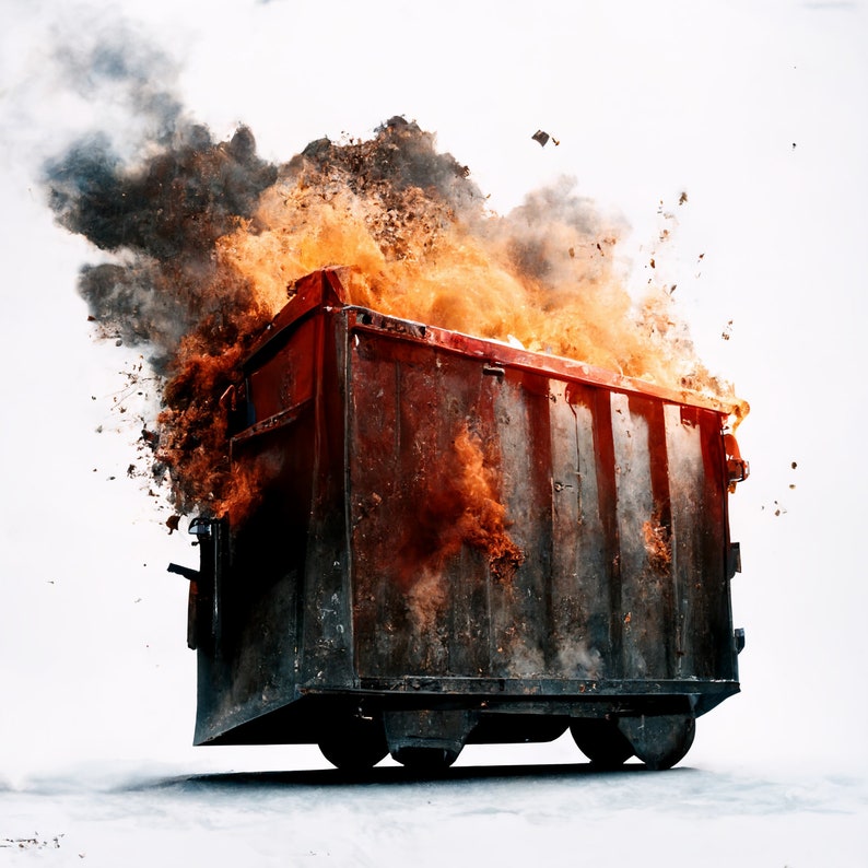 May include: A rusty red dumpster on fire with smoke and flames coming from the top. The dumpster is on wheels and has a metal grate on the front.