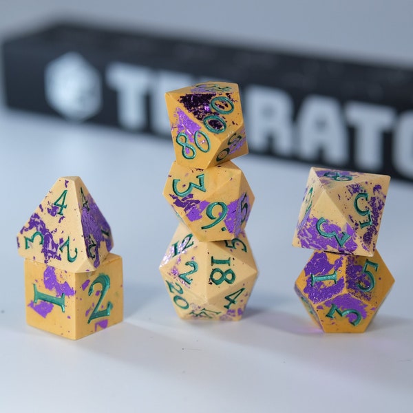 Jesmonite handmade Bright Yellow and Purple metal foil dice | Dungeon Master Gift | Faux Stone