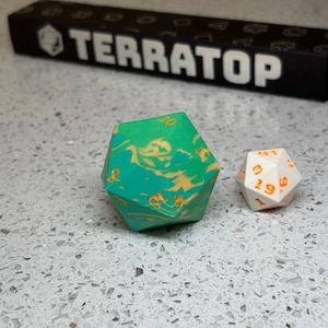 Chonk D20 Jesmonite handmade | Light and Dark Greens and Yellow multicolour with Orange ink dice | Faux stone