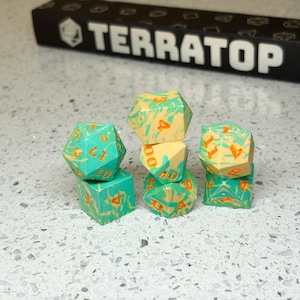 Dice Set | for DND & Tabletop RPGs | Handmade Jesmonite | RPG Dice | Dungeon Master Gift | Bright Greens and Yellow with Orange ink dice