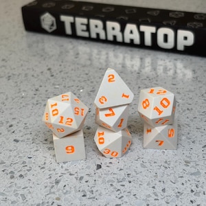 Dice Set | for DND & Tabletop RPGs | Handmade Jesmonite | RPG Dice | Dungeon Master Gift | White with Orange ink dice