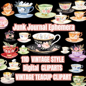 Pacchetto Clipart con tazze da tè floreali vintage - PNG e SVG di effimeri acquerelli vintage - Forniture per diari spazzatura - 110 clipart per diario
