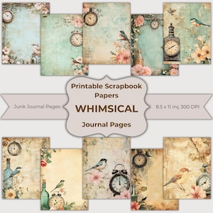 Pagine digitali di Whimsical Junk Journal – Kit di 10 effimeri JPG con orologio, uccello e bottiglia – Sfondi vintage floreali e stravaganti per album di ritagli 8,5x11"