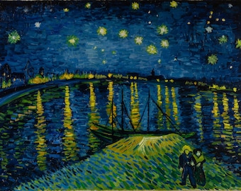 ゴッホ作「ローヌ川の星月夜」手描き油絵複製画、額入り壁掛けアート
