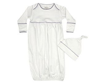 100% PIMA Cotton Newborn Pleated Gown & Hat Set: White with Lavender Picot (0-6 months)