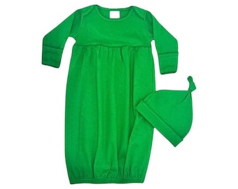 100% PIMA Cotton Newborn Pleated Gown & Hat Set: Green (0-6 months)